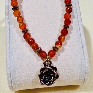 New Gorgeous Carnelian & Copper Beaded Choker With Tierracast Blossom Charm